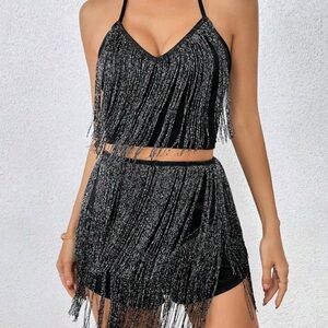 SHEIN Black and Silver Fringe Two-Piece Set